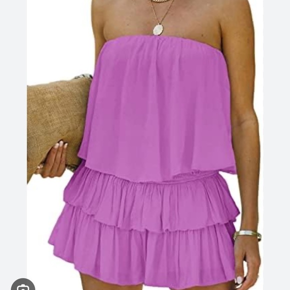 None Pants - Strapless Tiered Pink Jumpsuit Romper
